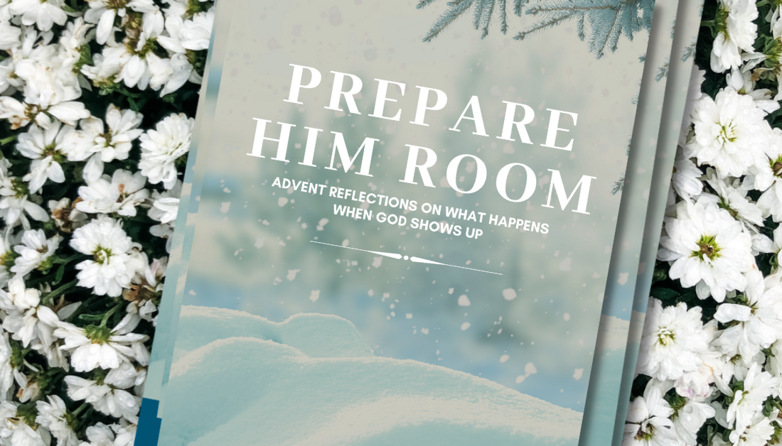 the advent devotional book Prepare Him Room resting on top of white mums