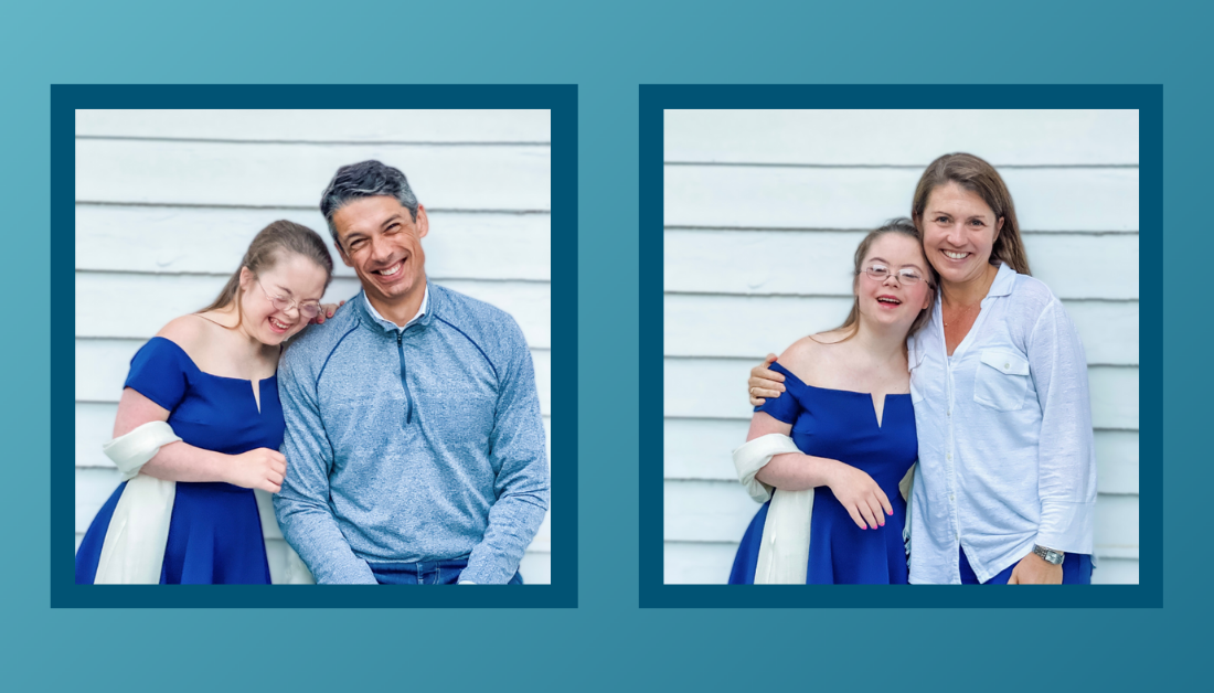 gradient blue graphic with two pictures of Penny with Peter and Amy Julia. She is wearing a blue homecoming dress