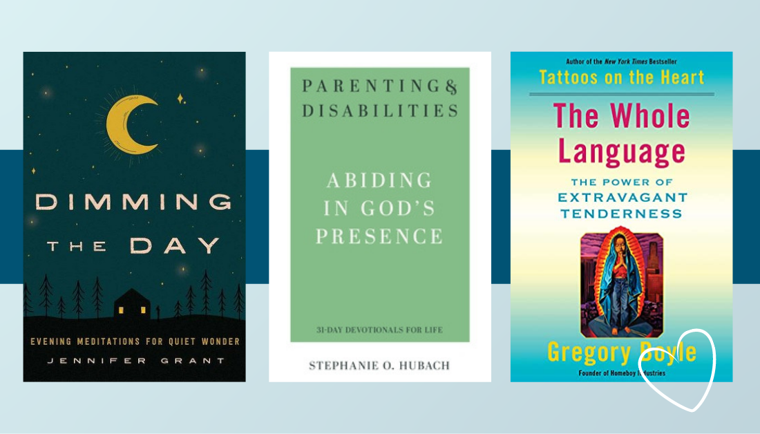 gradient blue graphic with pictures of book covers for Dimming the Day, Parenting and Disabilities, and The Whole Language