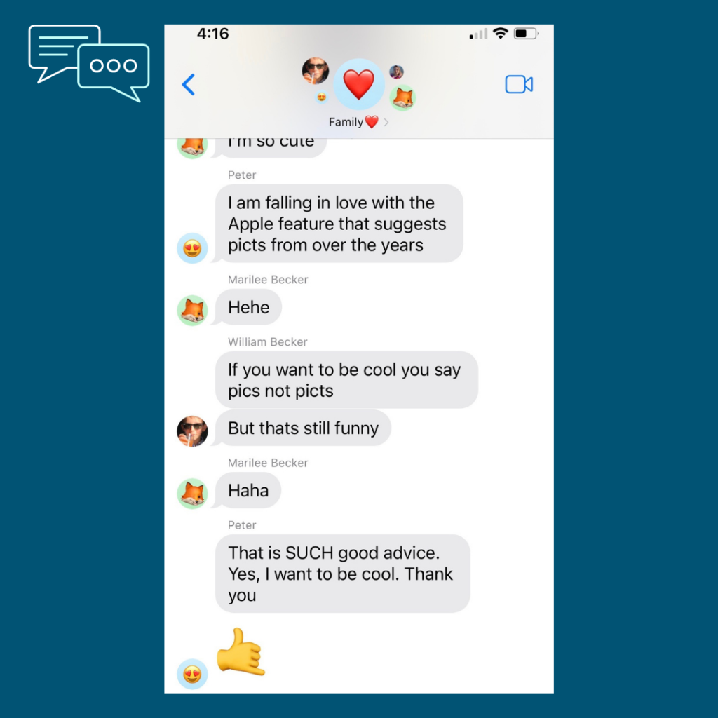 blue graphic with text messages in a family group chat with William (son) telling Peter (dad) how to be cool