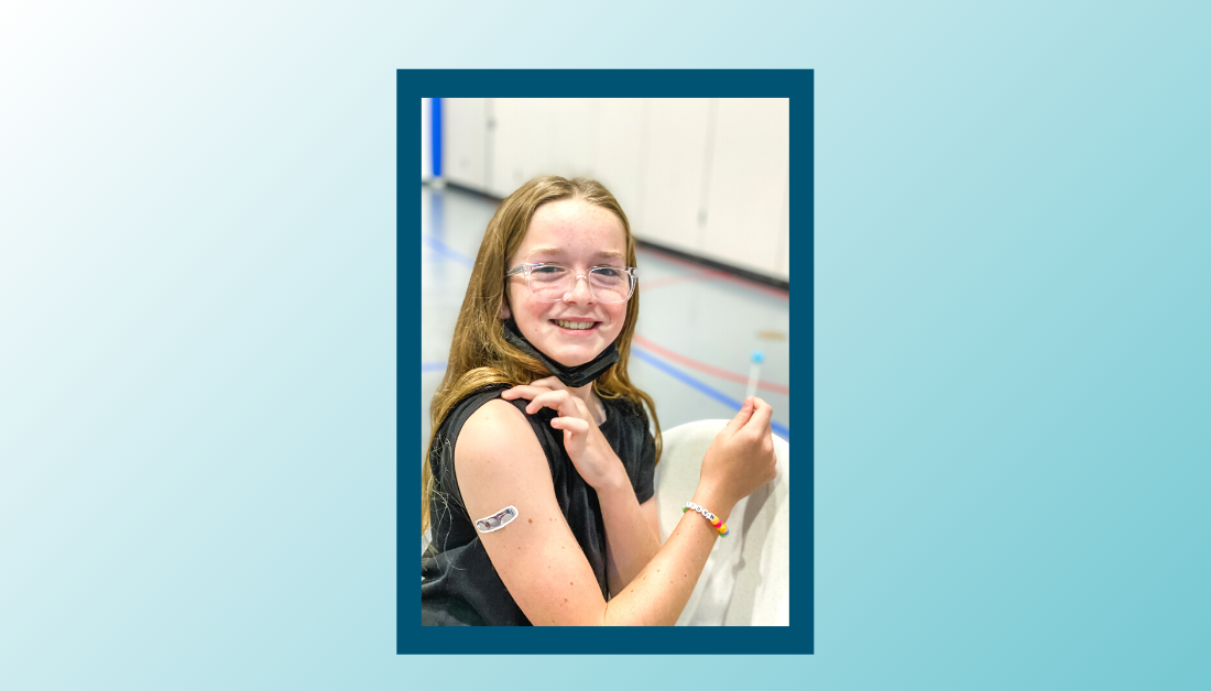 gradient blue graphic with picture of Marilee showing a bandaid on her arm and holding a lollipop