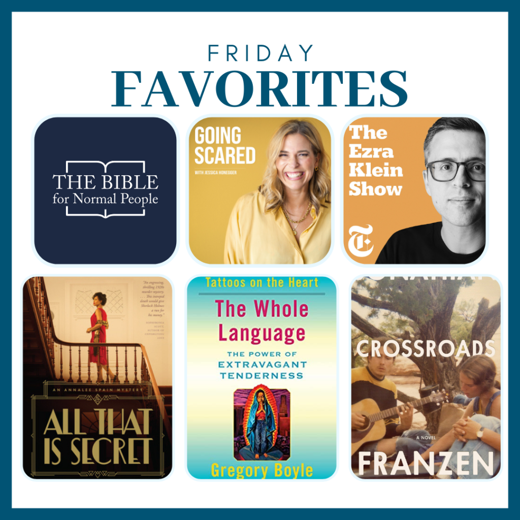 white graphic with a blue border and pictures of novels, a memoir, and podcast episodes that are on the Friday Favorites list