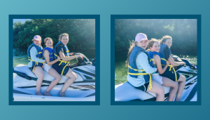 gradient blue graphic with pictures of Penny, Marilee, and Amy Julia sitting on a jet ski