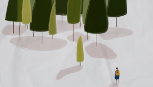 background picture of sketched pine trees clustered together and a lone tree and a lone child outside the group