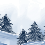 sketched cedar trees on snowy hills