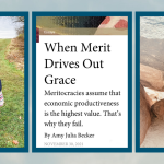 graphic with three pictures that include one of Penny standing in a green field, a screenshot of an article in Plough, and a picture of Penny climbing over rock formations