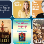 blue graphic with pictures of novels, a memoir, and podcast episodes that are on the Friday Favorites list