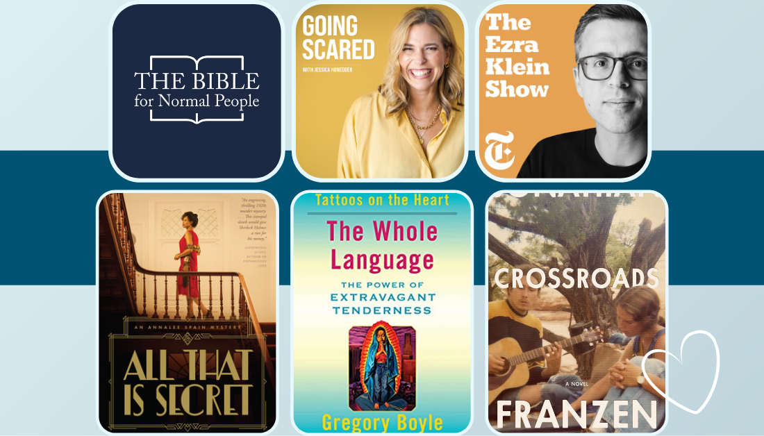 blue graphic with pictures of novels, a memoir, and podcast episodes that are on the Friday Favorites list