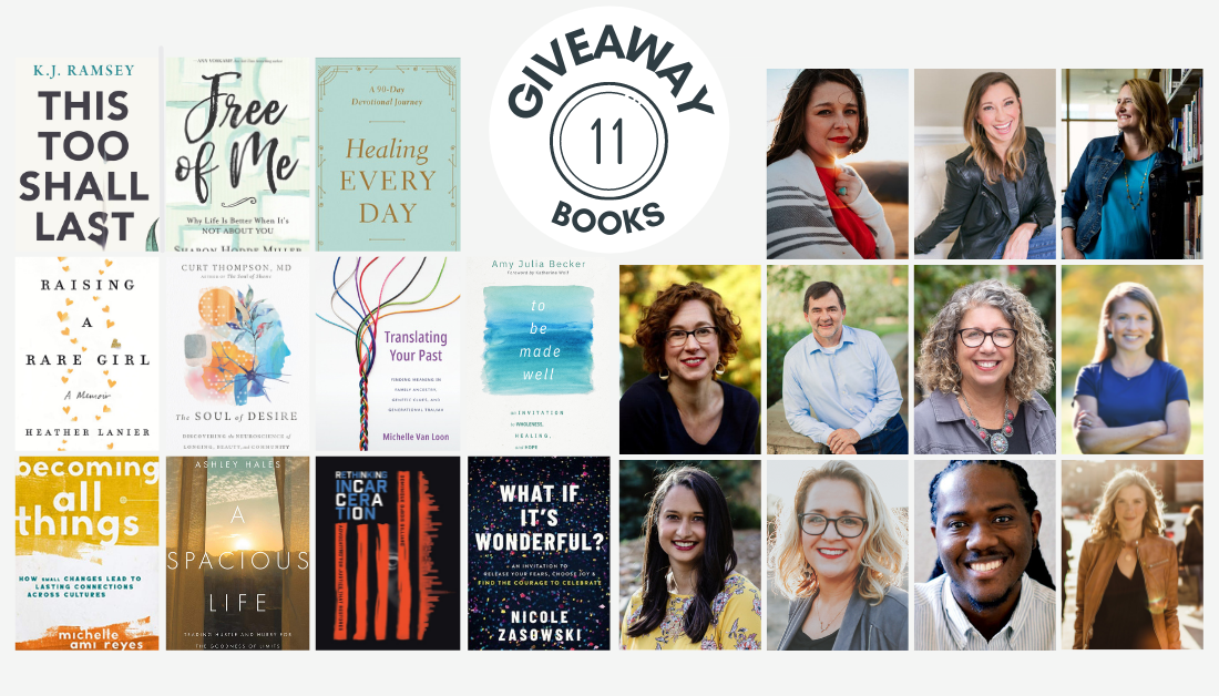 white graphic with book covers and headshots of authors participating in the giveaway