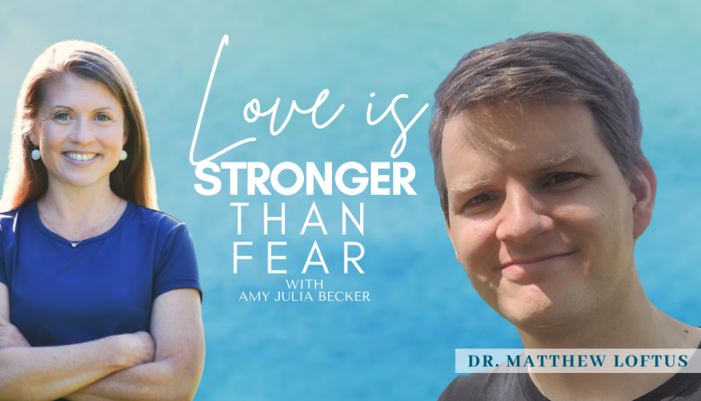 gradient blue graphic with picture of Dr Matthew Loftus and Amy Julia Becker and text from podcast post