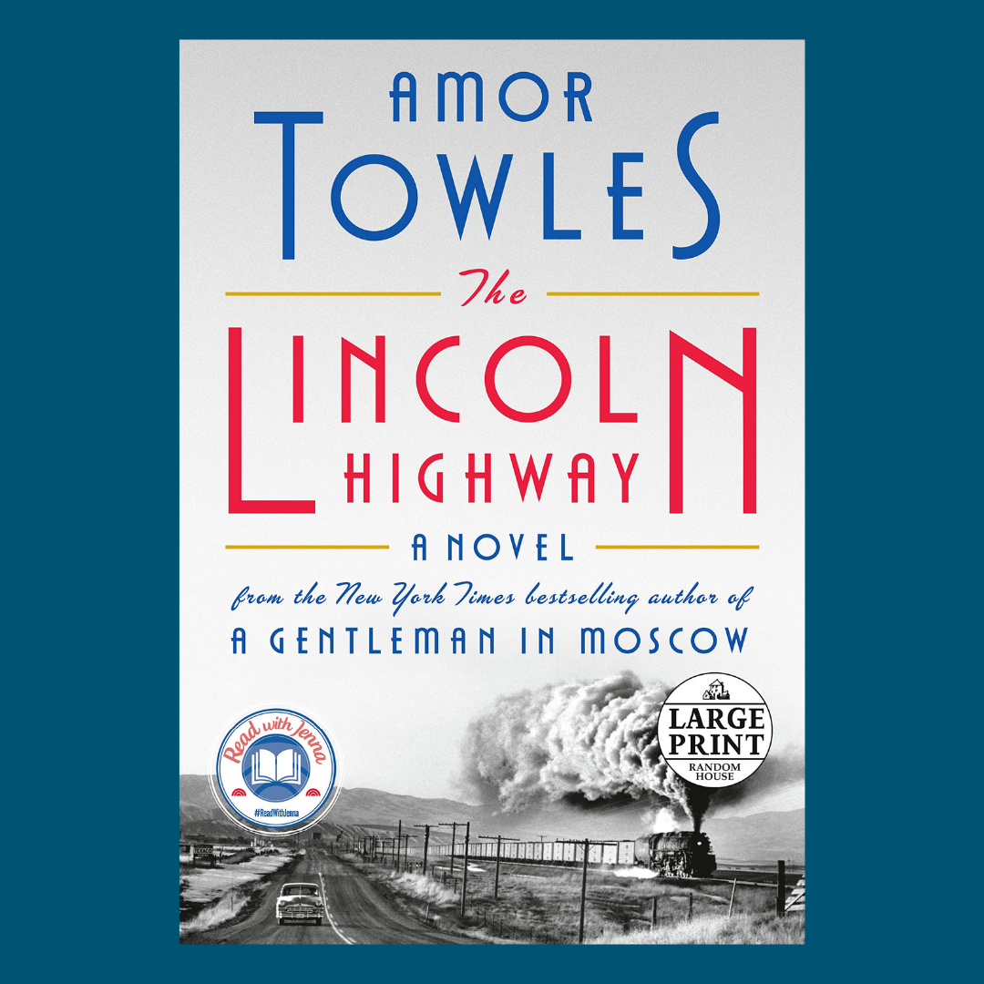blue graphic with book cover of The Lincoln Highway