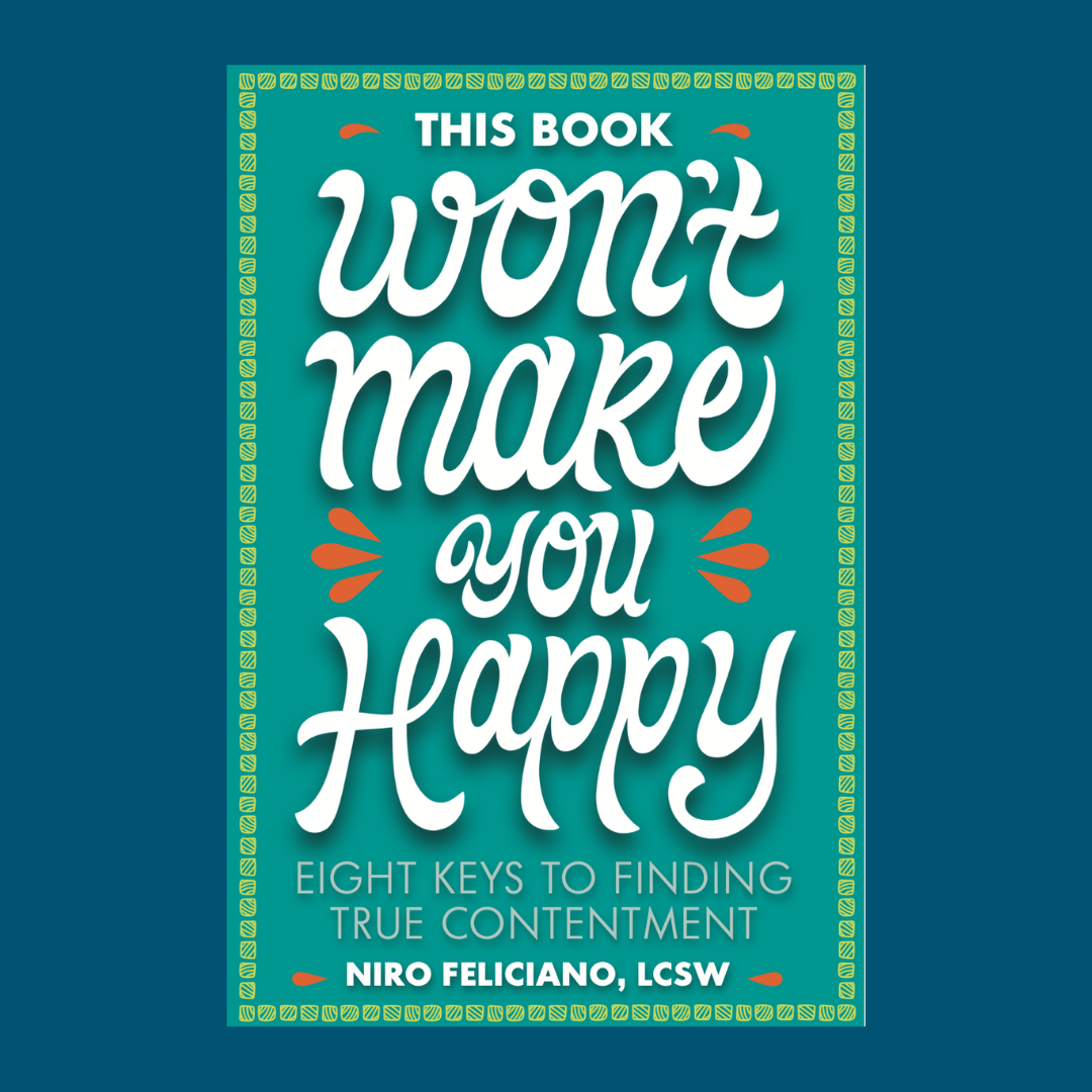 blue graphic with book cover of This Book Won't Make You Happy