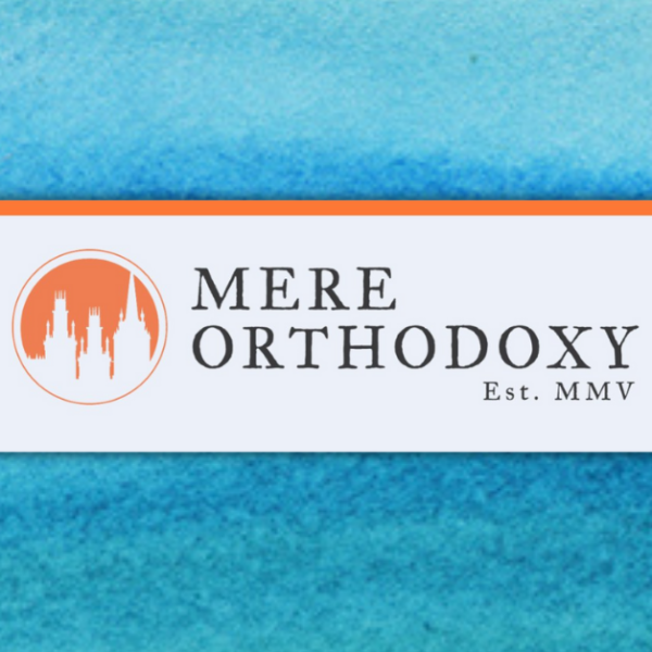 gradient blue graphic with Mere Orthodoxy logo