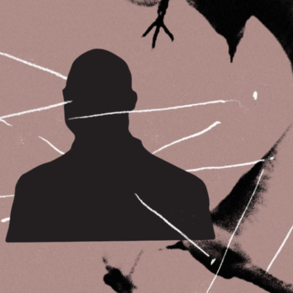 graphic with screenshot of a man's silhouette and scratches across the surface