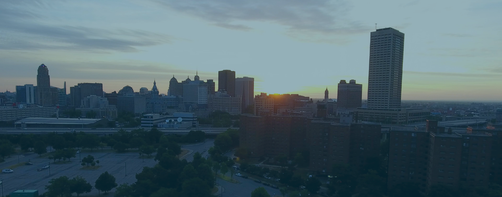 arial view of Buffalo, NY at sunrise