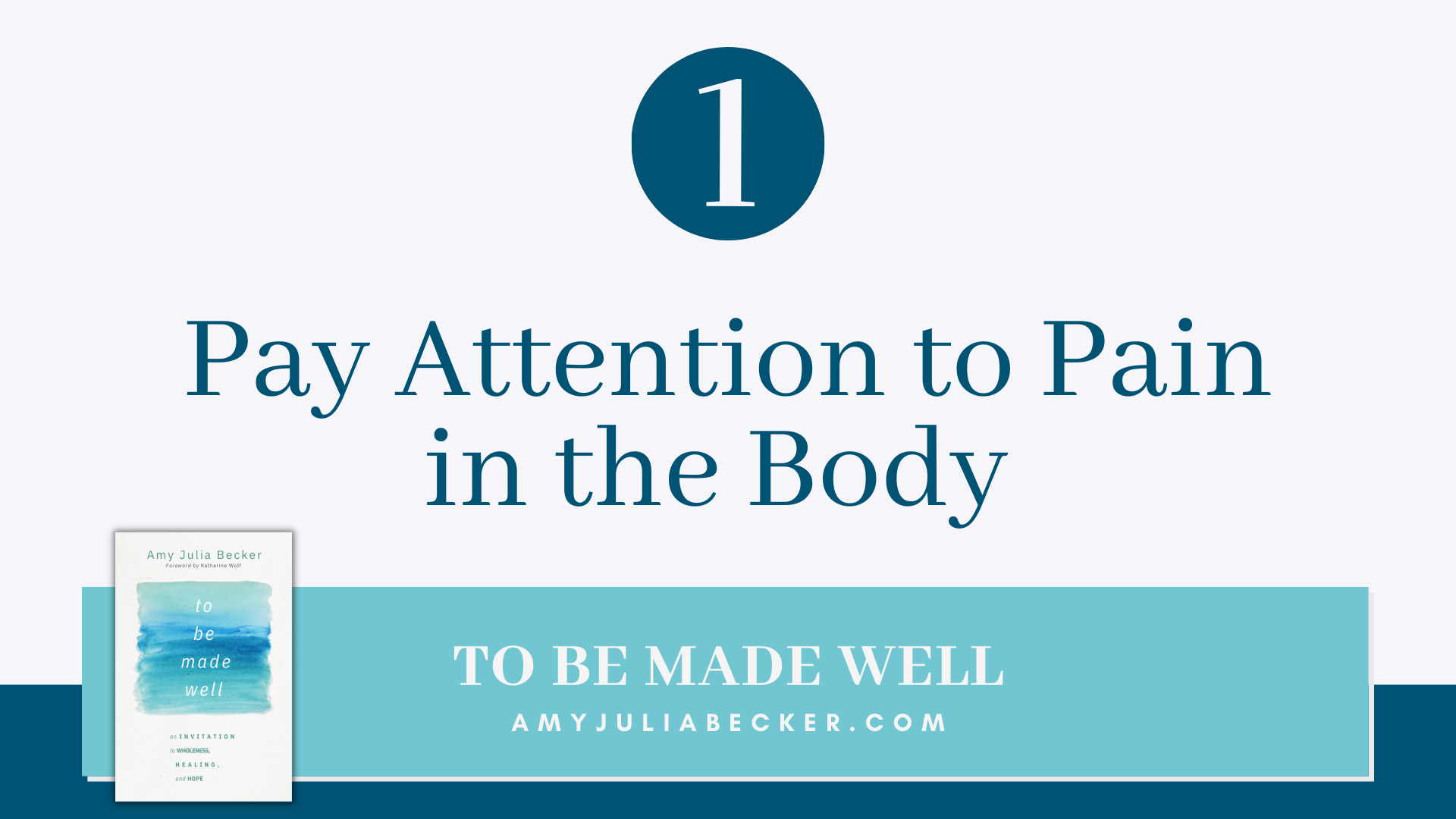 blue and gray graphic with the number 1 and text that says Pay Attention to Pain in the Body and the cover of To Be Made Well