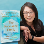 gradient blue graphic with Love Is Stronger Than Fear podcast text, cover of The Race-Wise Family, pictures of Helen Lee and Amy Julia