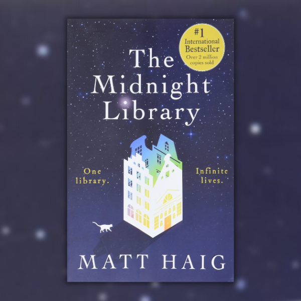 blue, starry night graphic with the cover of The Midnight Library