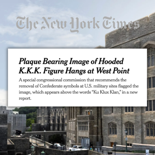 graphic with screenshot of NYT article about plaque with KKK figure at West Point