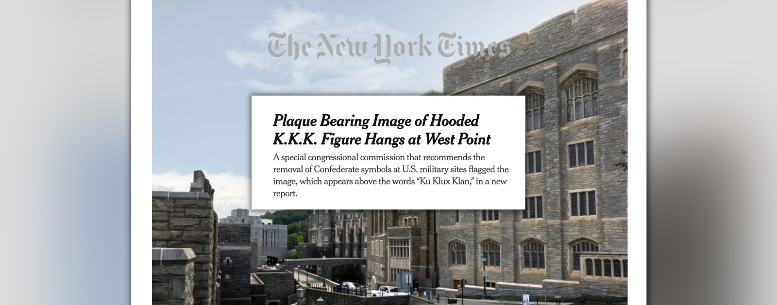 graphic with screenshot of NYT article about plaque with KKK figure at West Point