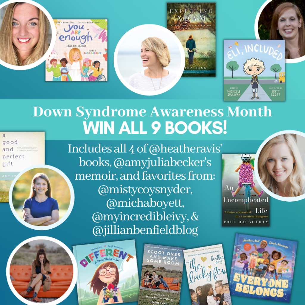 graphic with 9 picture books and memoirs about Down syndrome and pictures of the moms who wrote or recommended the books