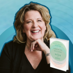 gradient blue graphic with cutout picture of Ruth Haley Barton, the book cover of Embracing Rhythms of Work and Rest, and text that says Love Is Stronger Than Fear with Amy Julia Becker