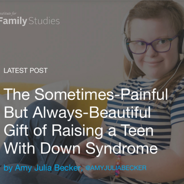 screenshot of IFS blog post with a graphic of a teen with Down syndrome wearing headphones and text from post caption
