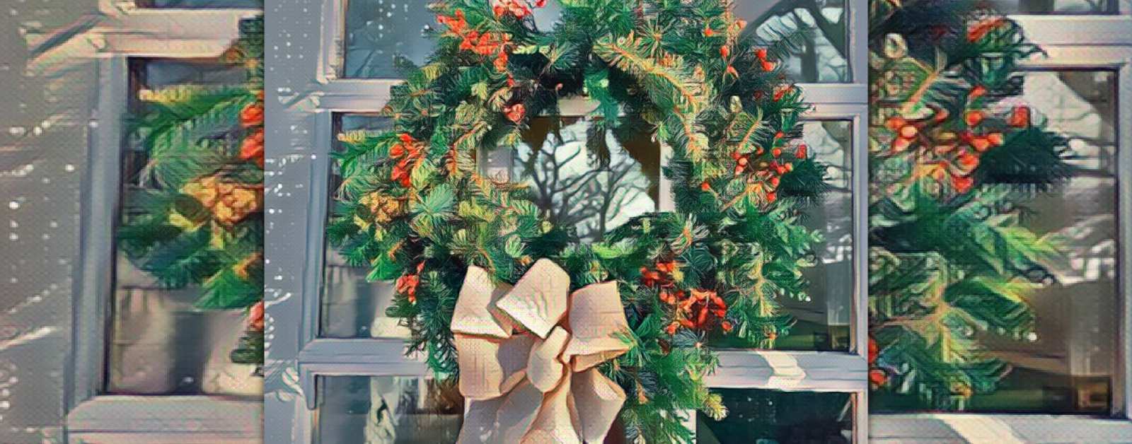 painted filter over photo of wreath hanging on a door