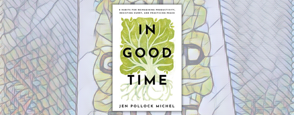 In Good Time book cover on top of stain glass graphic