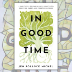 In Good Time book cover on top of stain glass graphic