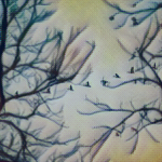 painted overlay on picture of geese flying through bare tree branches