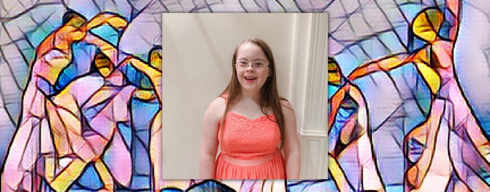 mosaic dancer background with a picture overlay of Penny smiling at the camera and wearing a peach dress for homecoming