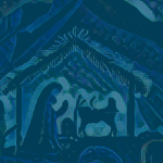 blue graphic with a drawing of Mary holding baby Jesus in a stable