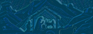 blue graphic with a drawing of Mary holding baby Jesus in a stable