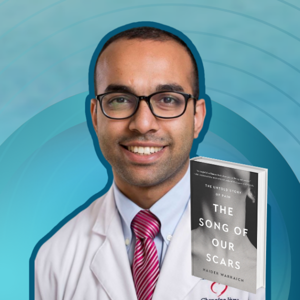 gradient blue graphic with cutout picture of Dr. Haider Warraich, the book cover of In Good Time, and text that says Love Is Stronger Than Fear.