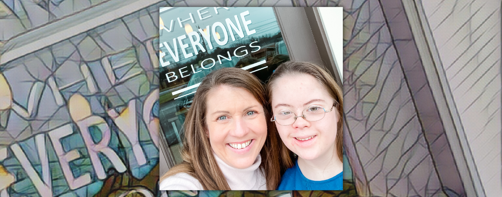 mosaic filter on background with photo of Amy Julia and Penny smile and take a selfie in front of BeanZ and Co. "Where Everyone Belongs" is stenciled on the glass door behind them