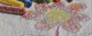 mosaic filter over a photo of crayons on top of a picture of a sketched flower