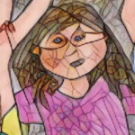 mosaic filter over a drawing of children raising up their arms as a header photo for the false message about disability