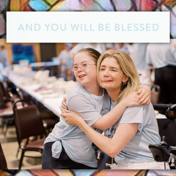 mosiac filter over background photo with a photo in the middle of the graphic of Penny and Katherine Wolf giving each other a hug and text from essay that says And You Will Be Blessed