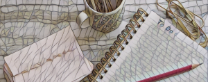 mosaic filter over a picture of note cards, mug and notebook