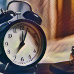 painted filter over a photo of an alarm clock on a desk next to a laptop