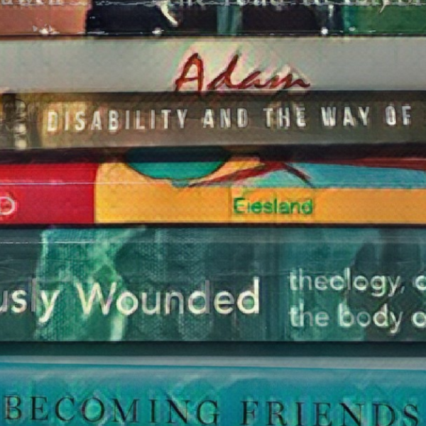 painted filter over a photo of a stack of books about disability