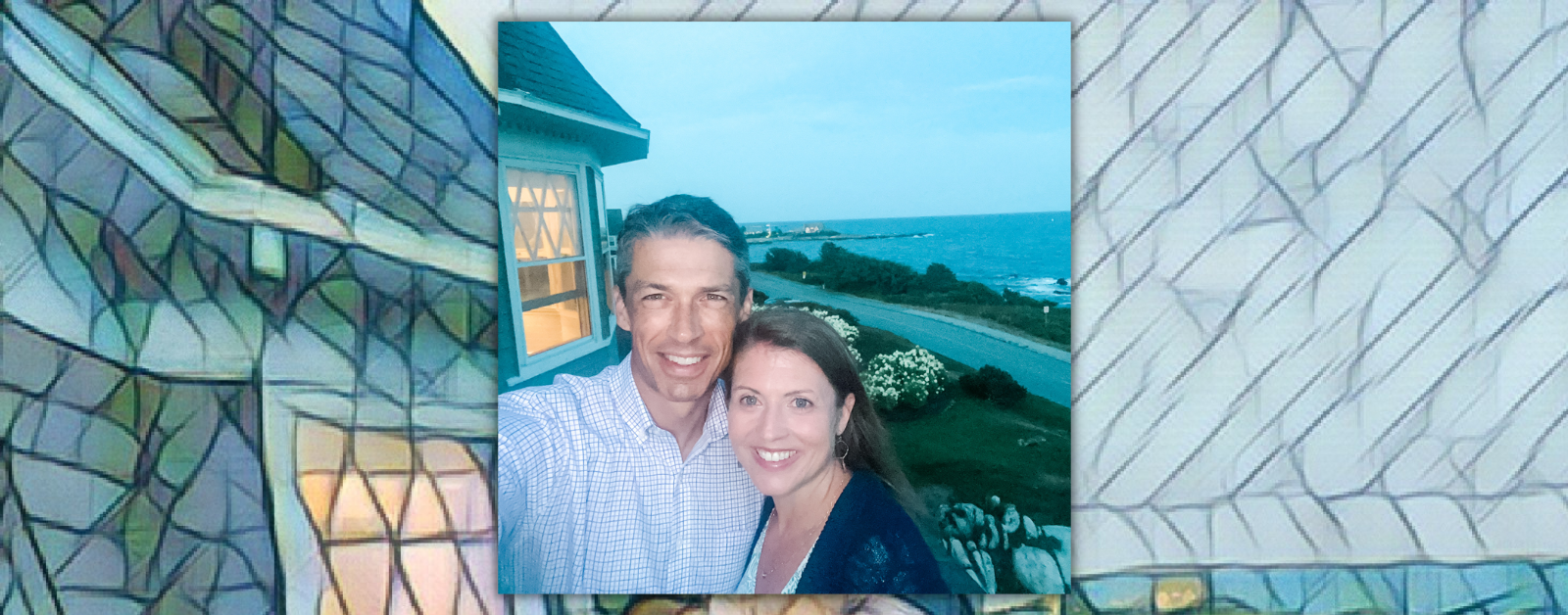 mosaic background with photo of Peter and Amy Julie smiling for a selfie and standing next to a cottage with a glowing window and the ocean behind them.