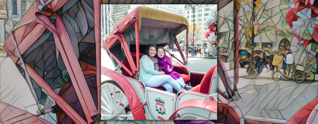 mosaic background with a photo of Amy Julia and young Penny sitting in a carriage in the middle of a city