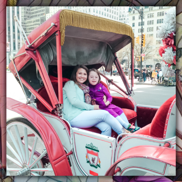 mosaic background with a photo of Amy Julia and young Penny sitting in a carriage in the middle of a city