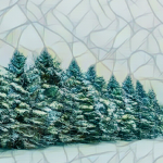 mosaic filter over a photo of snow-covered cedar trees stretching through a snowy field