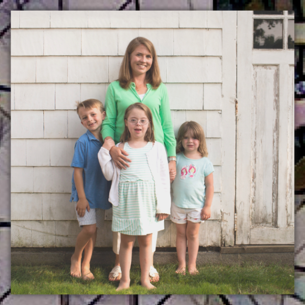 mosaic background with photo of Amy Julia and her young children stand outside in front of a wood-slat wall.