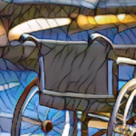 mosaic filter over a photo of a empty wheelchair in an auditorium