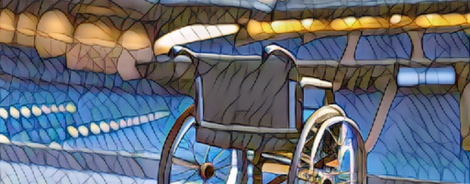 mosaic filter over a photo of a empty wheelchair in an auditorium