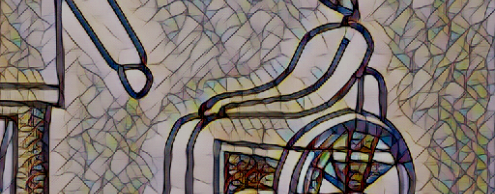 mosaic filter over a drawing of a person using a wheelchair with another person reaching out their hand